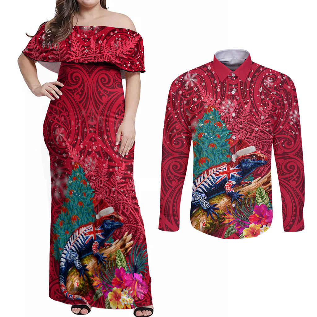 New Zealand Tuatara Christmas Couples Matching Off Shoulder Maxi Dress and Long Sleeve Button Shirt Silver Fern and Xmas Pohutukawa Tree Red Color