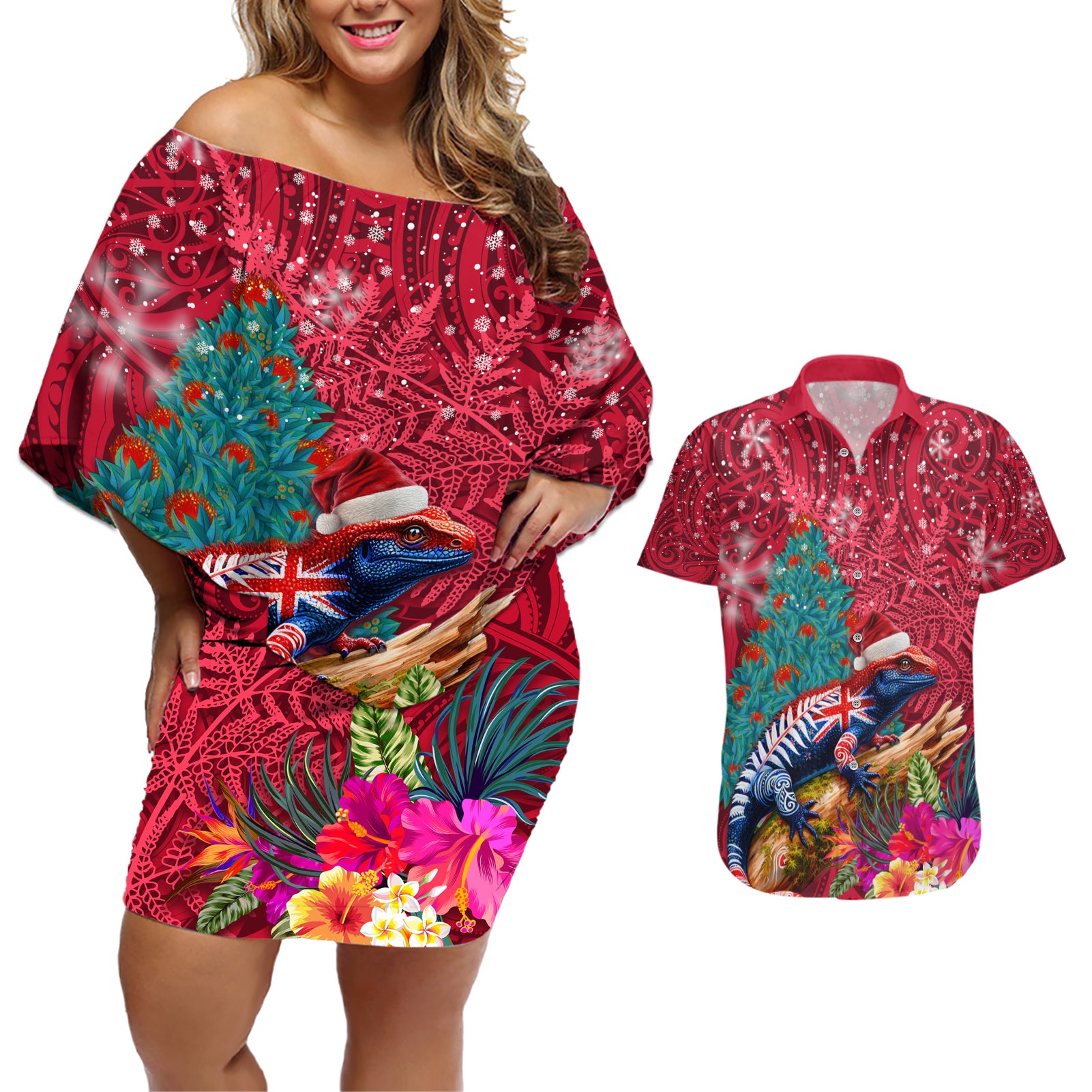 New Zealand Tuatara Christmas Couples Matching Off Shoulder Short Dress and Hawaiian Shirt Silver Fern and Xmas Pohutukawa Tree Red Color