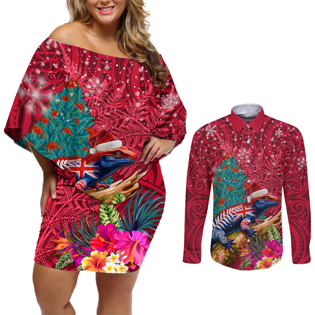 New Zealand Tuatara Christmas Couples Matching Off Shoulder Short Dress and Long Sleeve Button Shirt Silver Fern and Xmas Pohutukawa Tree Red Color