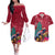 New Zealand Tuatara Christmas Couples Matching Off The Shoulder Long Sleeve Dress and Hawaiian Shirt Silver Fern and Xmas Pohutukawa Tree Red Color