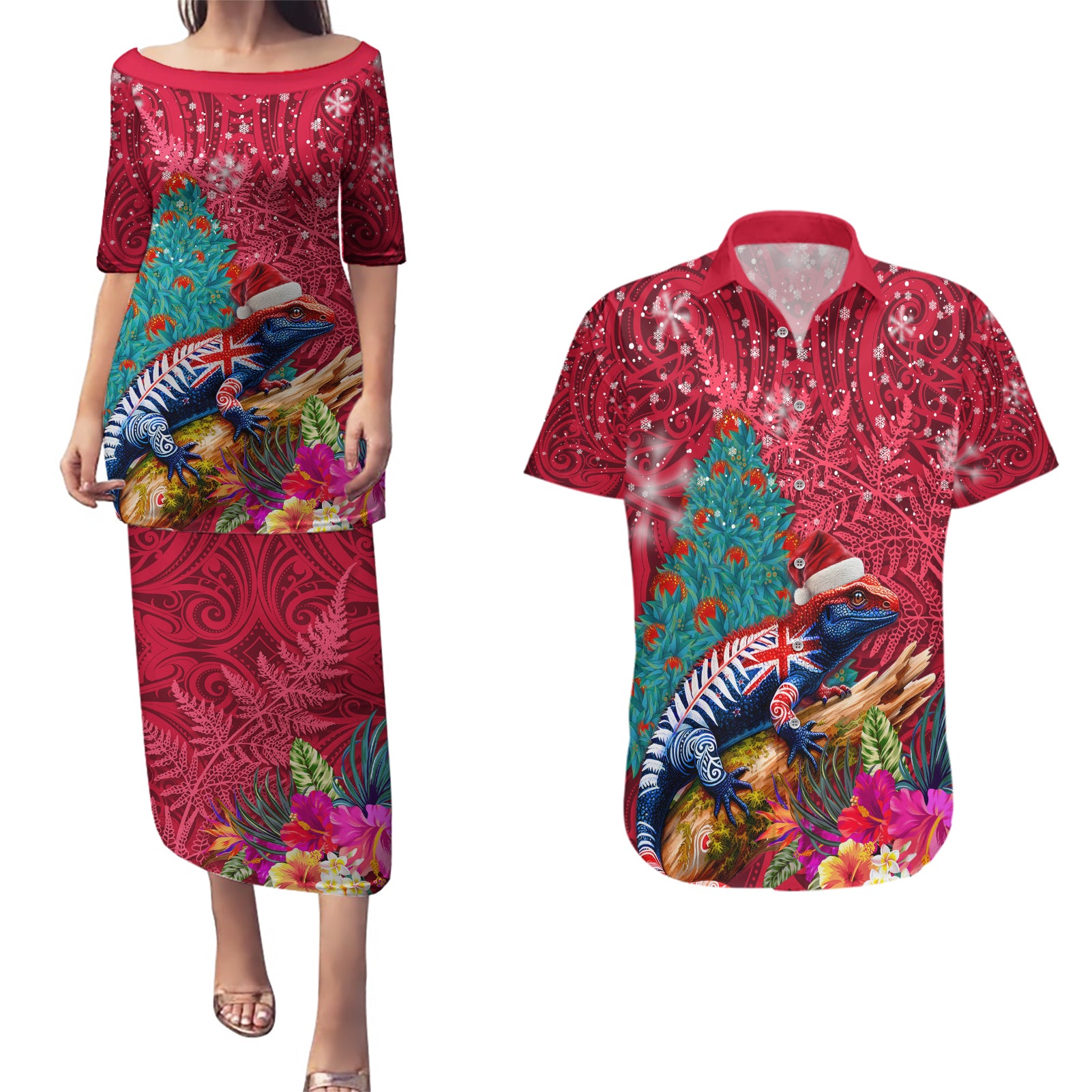 New Zealand Tuatara Christmas Couples Matching Puletasi and Hawaiian Shirt Silver Fern and Xmas Pohutukawa Tree Red Color