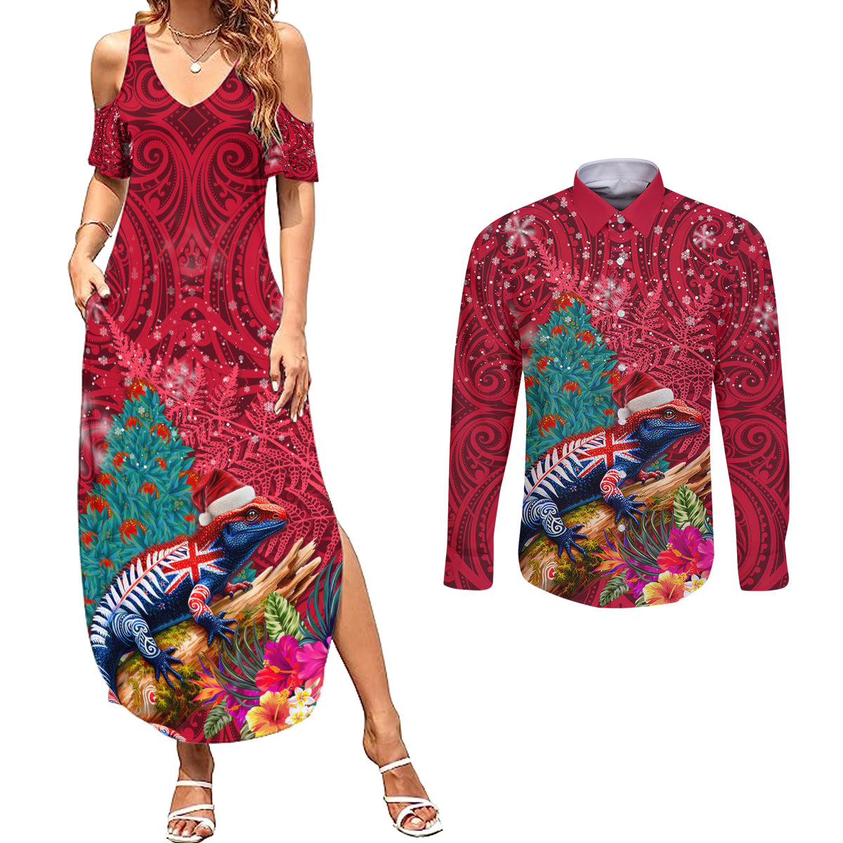 New Zealand Tuatara Christmas Couples Matching Summer Maxi Dress and Long Sleeve Button Shirt Silver Fern and Xmas Pohutukawa Tree Red Color