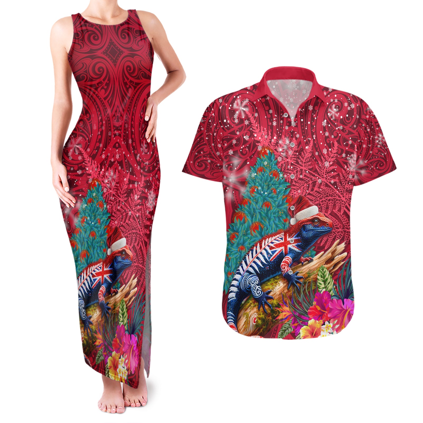 New Zealand Tuatara Christmas Couples Matching Tank Maxi Dress and Hawaiian Shirt Silver Fern and Xmas Pohutukawa Tree Red Color