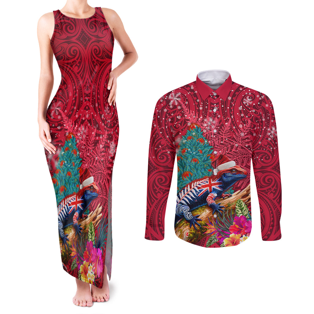 New Zealand Tuatara Christmas Couples Matching Tank Maxi Dress and Long Sleeve Button Shirt Silver Fern and Xmas Pohutukawa Tree Red Color