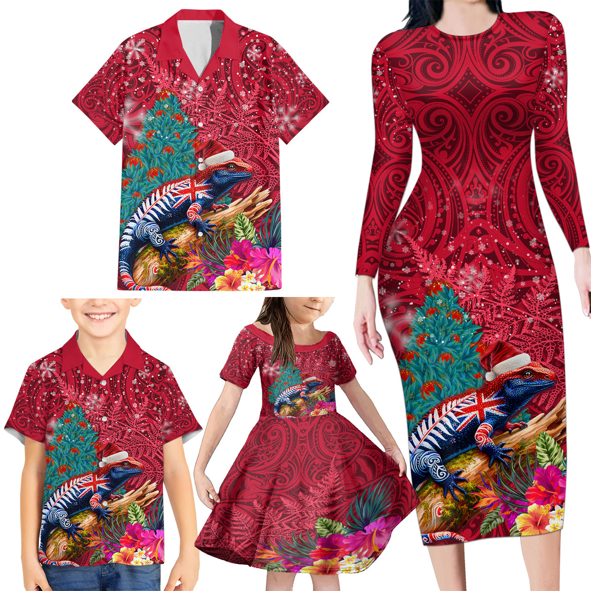 New Zealand Tuatara Christmas Family Matching Long Sleeve Bodycon Dress and Hawaiian Shirt Silver Fern and Xmas Pohutukawa Tree Red Color