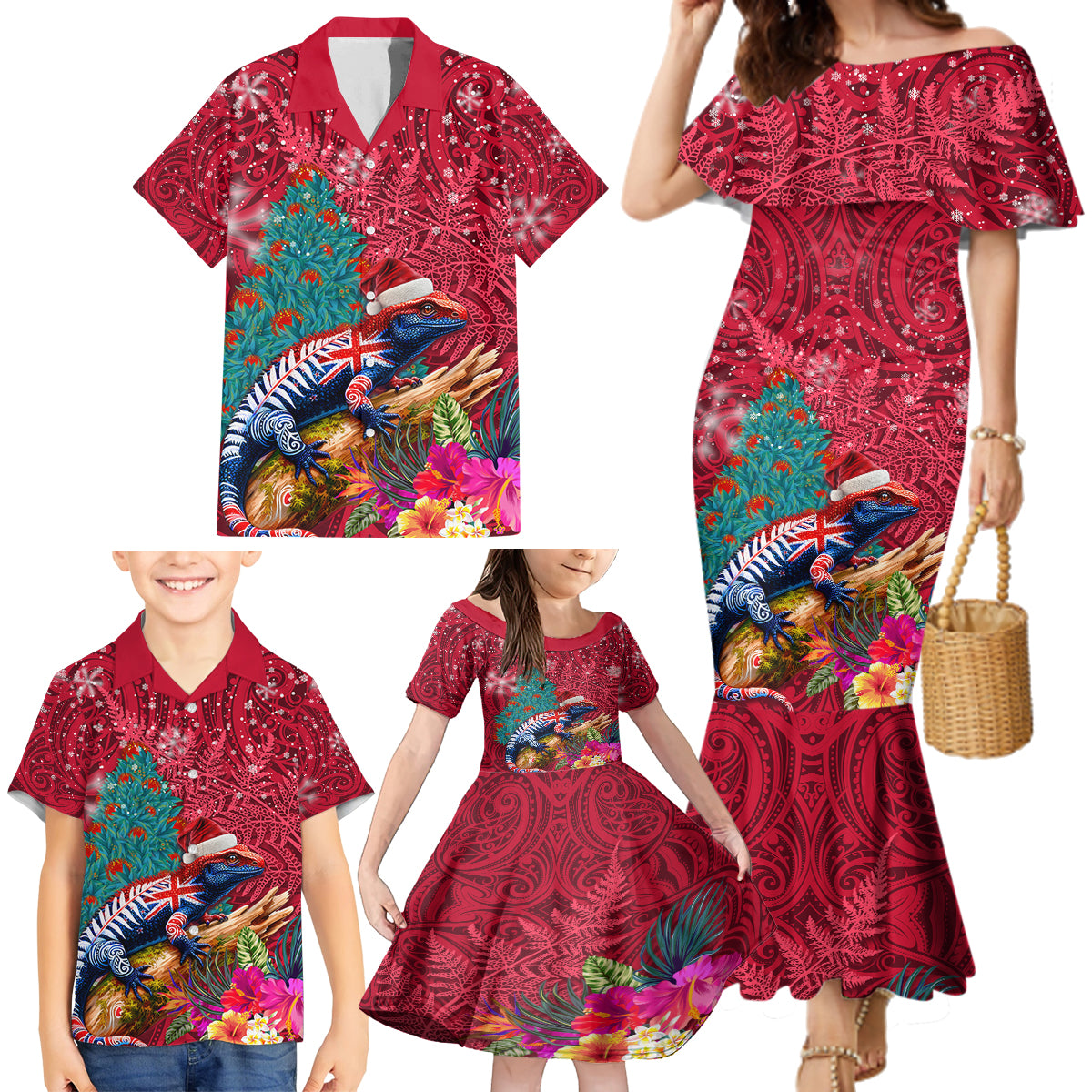 New Zealand Tuatara Christmas Family Matching Mermaid Dress and Hawaiian Shirt Silver Fern and Xmas Pohutukawa Tree Red Color