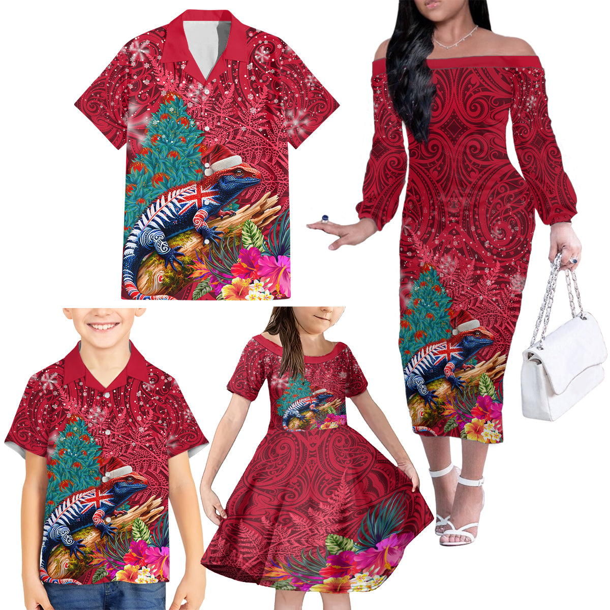 New Zealand Tuatara Christmas Family Matching Off The Shoulder Long Sleeve Dress and Hawaiian Shirt Silver Fern and Xmas Pohutukawa Tree Red Color