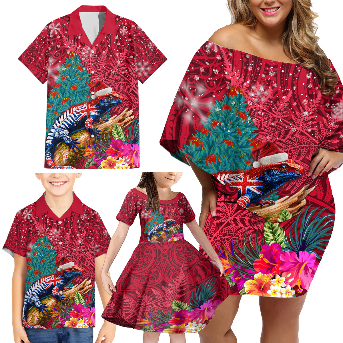 New Zealand Tuatara Christmas Family Matching Off Shoulder Short Dress and Hawaiian Shirt Silver Fern and Xmas Pohutukawa Tree Red Color