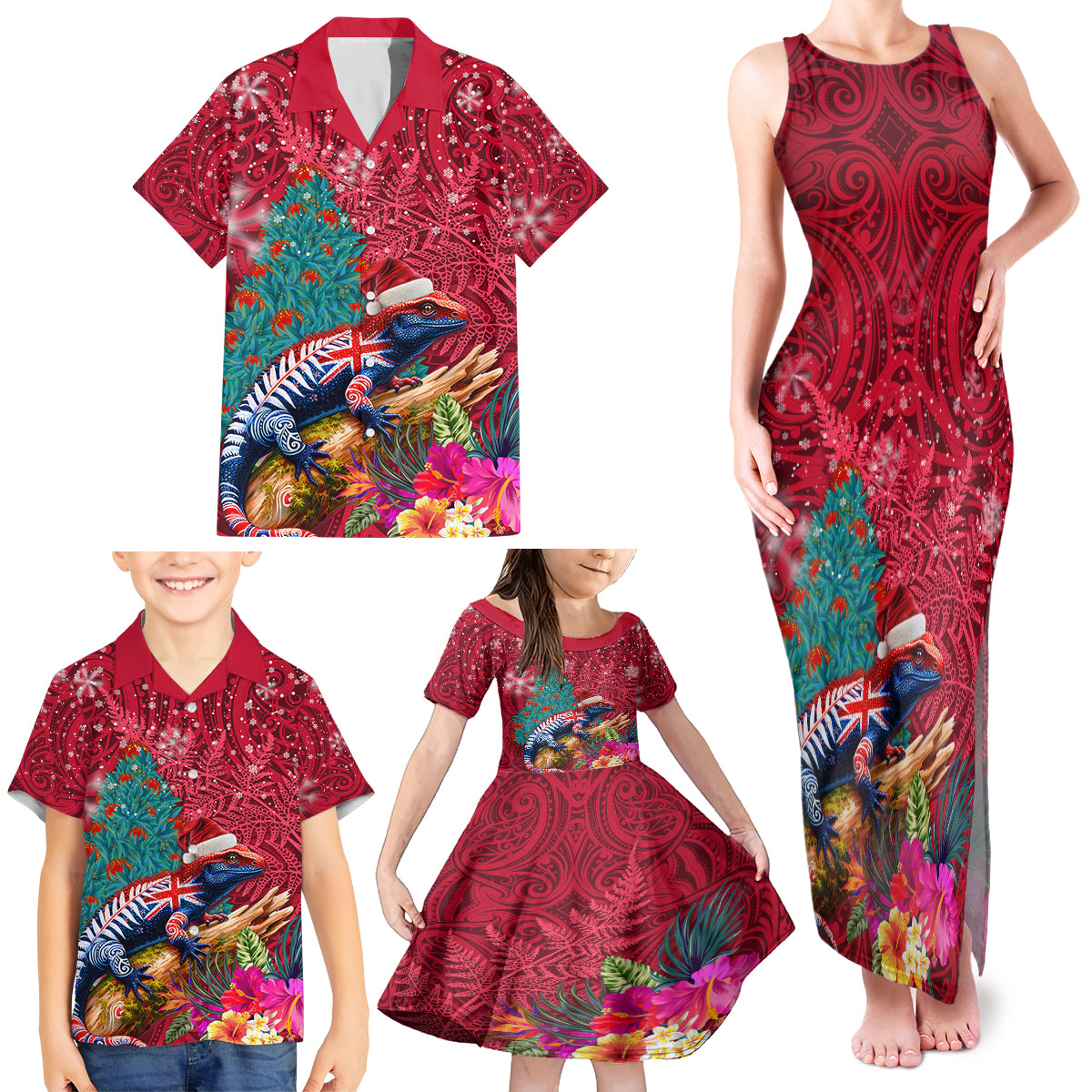 New Zealand Tuatara Christmas Family Matching Tank Maxi Dress and Hawaiian Shirt Silver Fern and Xmas Pohutukawa Tree Red Color