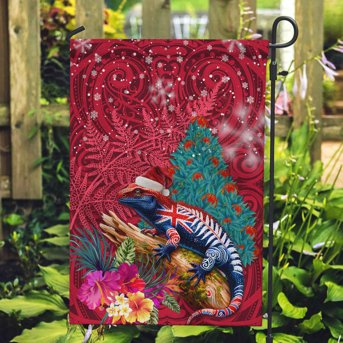 New Zealand Tuatara Christmas Garden Flag Silver Fern and Xmas Pohutukawa Tree Red Color