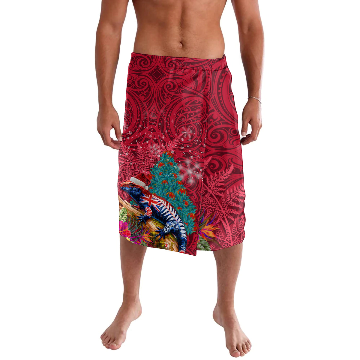 New Zealand Tuatara Christmas Lavalava Silver Fern and Xmas Pohutukawa Tree Red Color LT03 Red - Polynesian Pride