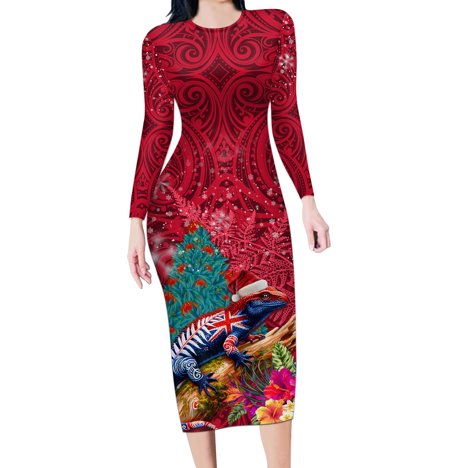 New Zealand Tuatara Christmas Long Sleeve Bodycon Dress Silver Fern and Xmas Pohutukawa Tree Red Color