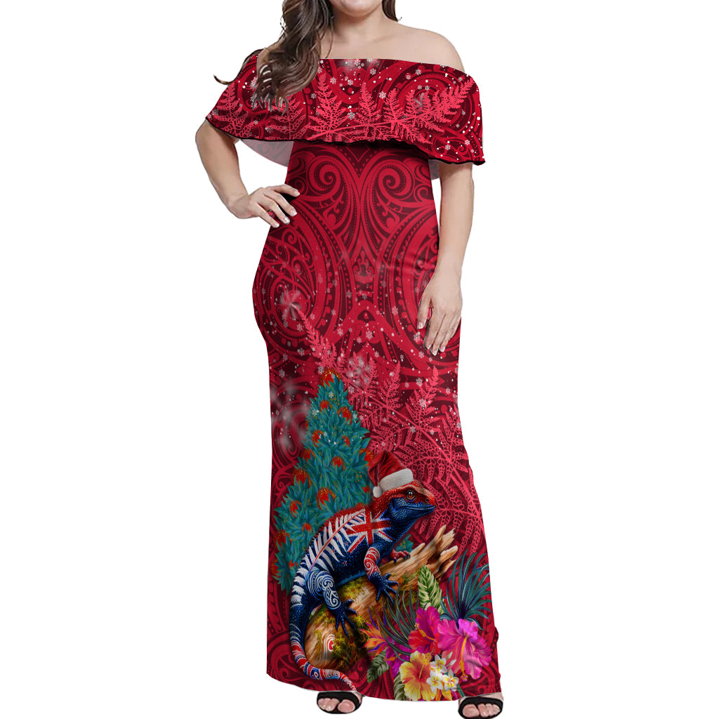 New Zealand Tuatara Christmas Off Shoulder Maxi Dress Silver Fern and Xmas Pohutukawa Tree Red Color