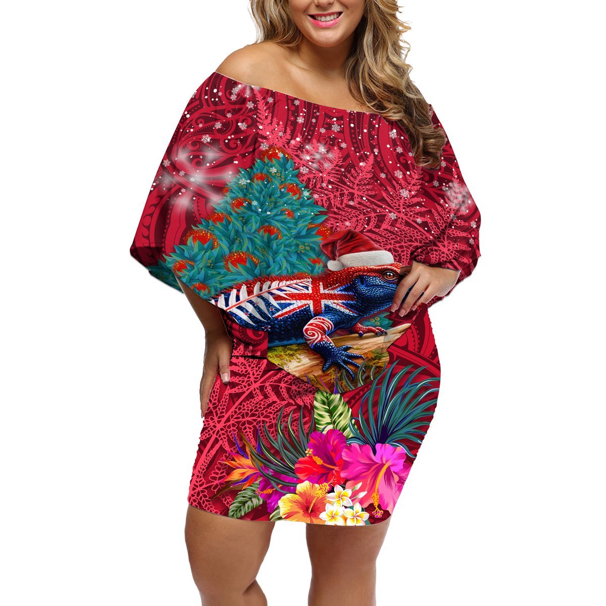 New Zealand Tuatara Christmas Off Shoulder Short Dress Silver Fern and Xmas Pohutukawa Tree Red Color LT03 Women Red - Polynesian Pride