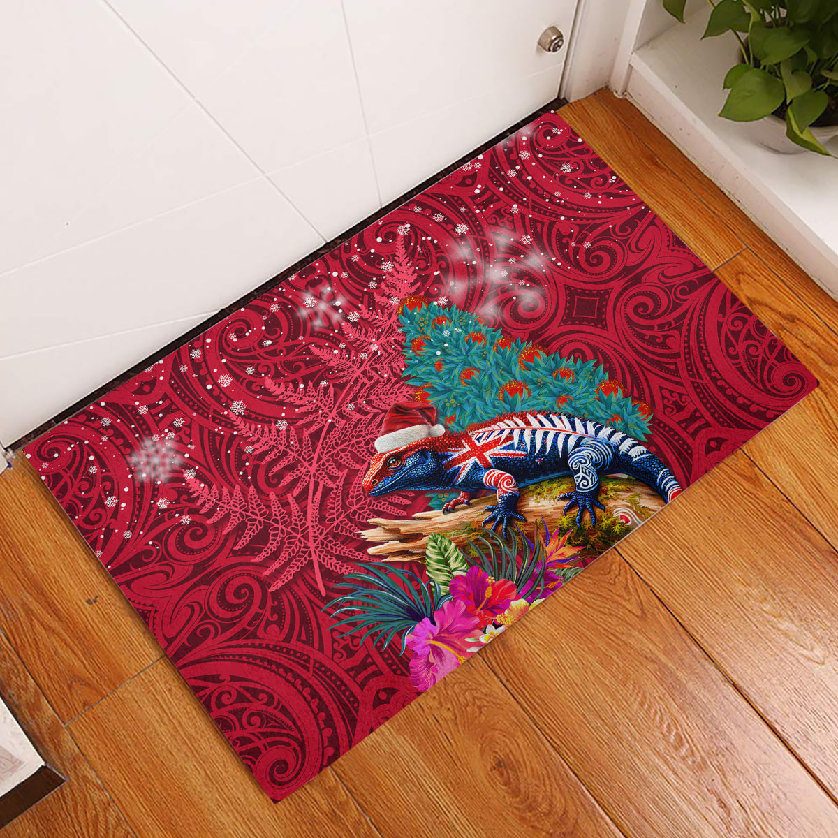 New Zealand Tuatara Christmas Rubber Doormat Silver Fern and Xmas Pohutukawa Tree Red Color