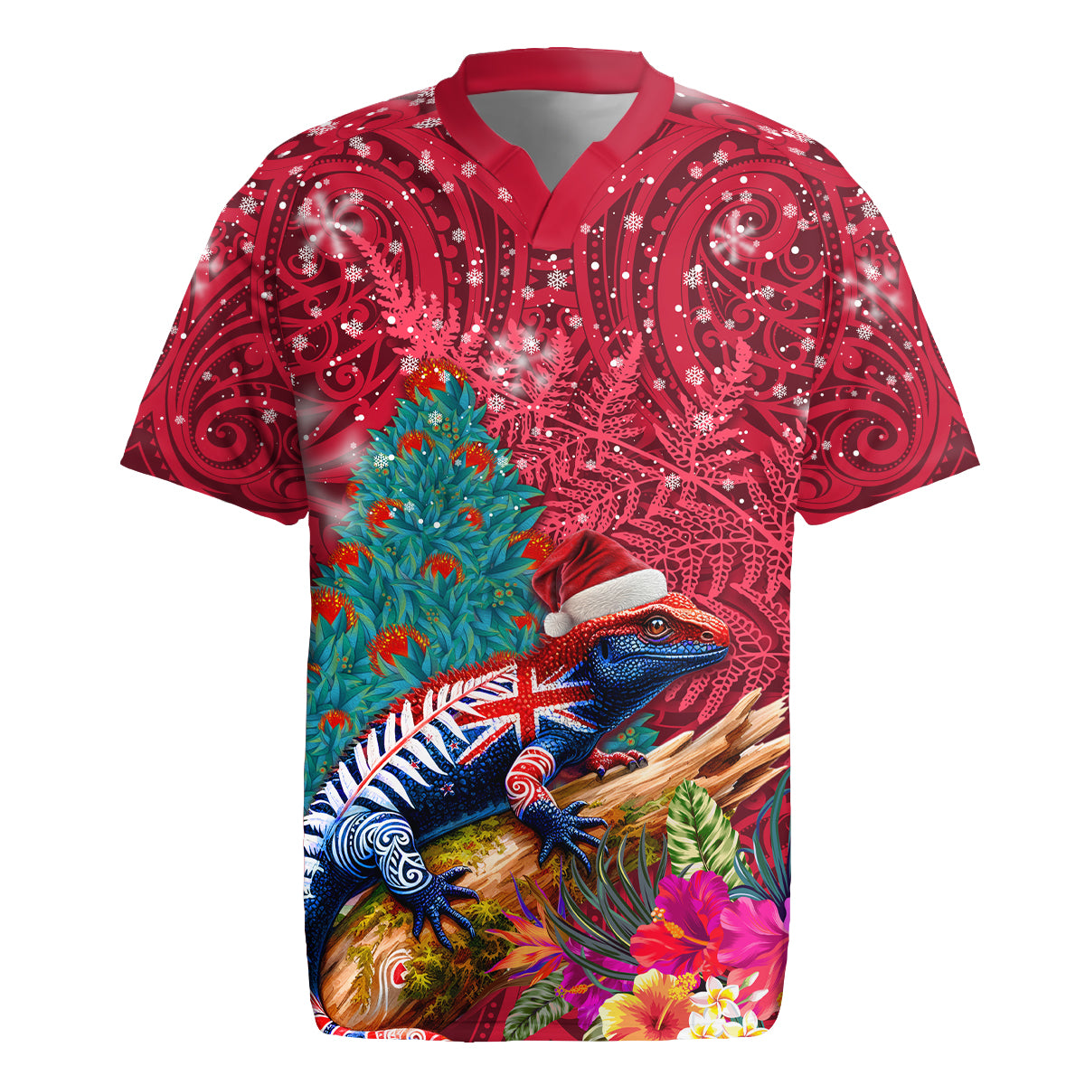 New Zealand Tuatara Christmas Rugby Jersey Silver Fern and Xmas Pohutukawa Tree Red Color