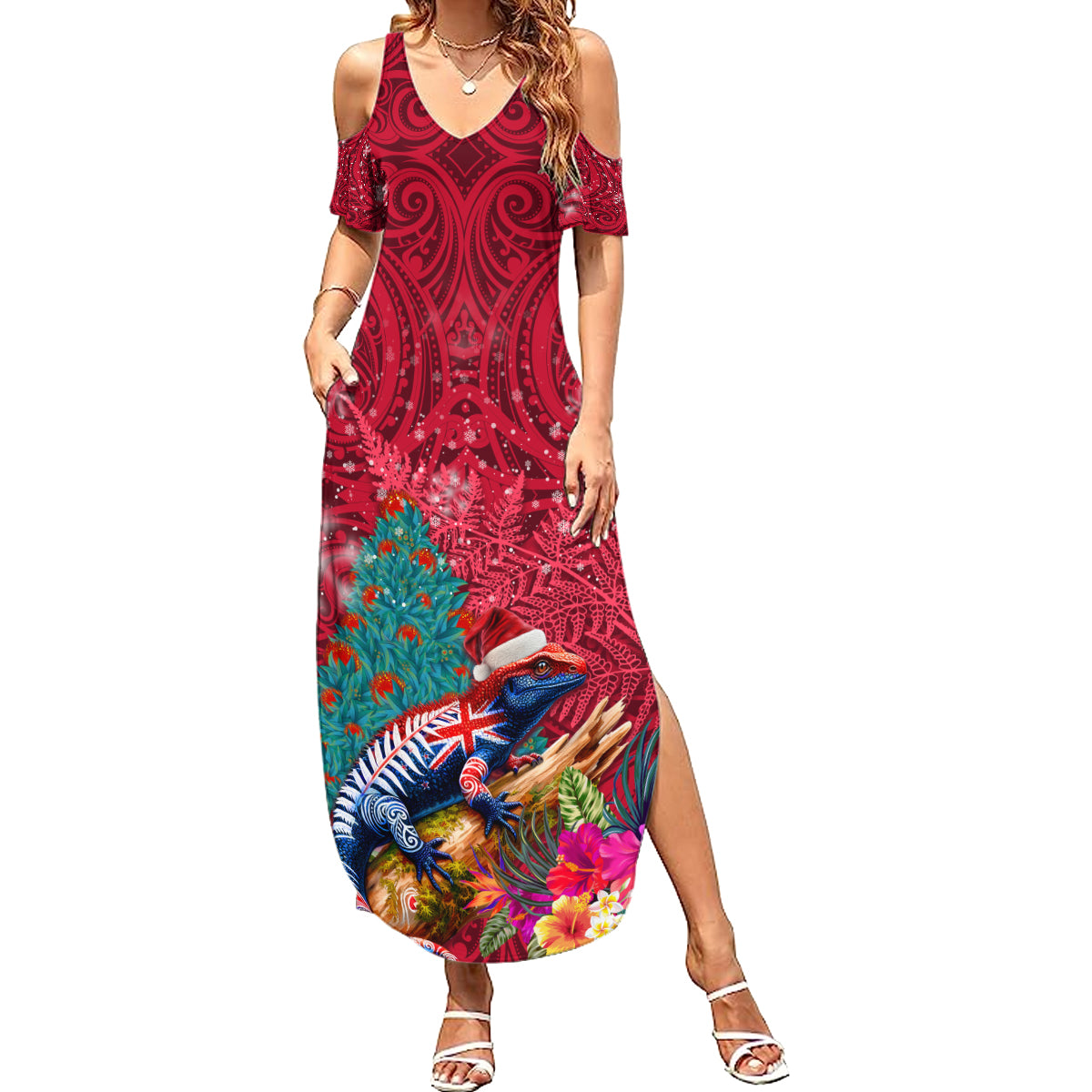 New Zealand Tuatara Christmas Summer Maxi Dress Silver Fern and Xmas Pohutukawa Tree Red Color