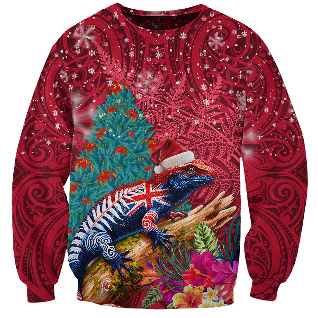 New Zealand Tuatara Christmas Sweatshirt Silver Fern and Xmas Pohutukawa Tree Red Color LT03 Unisex Red - Polynesian Pride