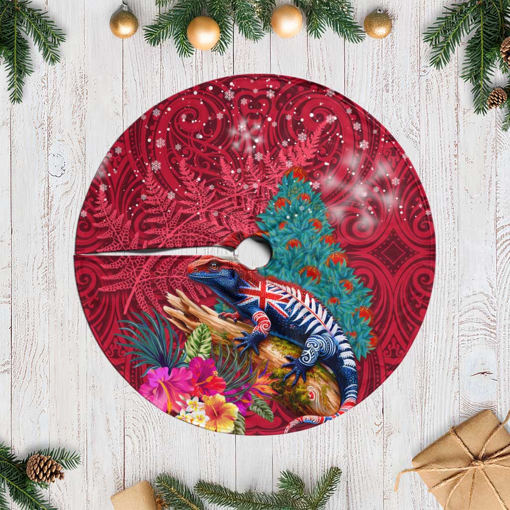 New Zealand Tuatara Christmas Tree Skirt Silver Fern and Xmas Pohutukawa Tree Red Color LT03 Casual Red - Polynesian Pride