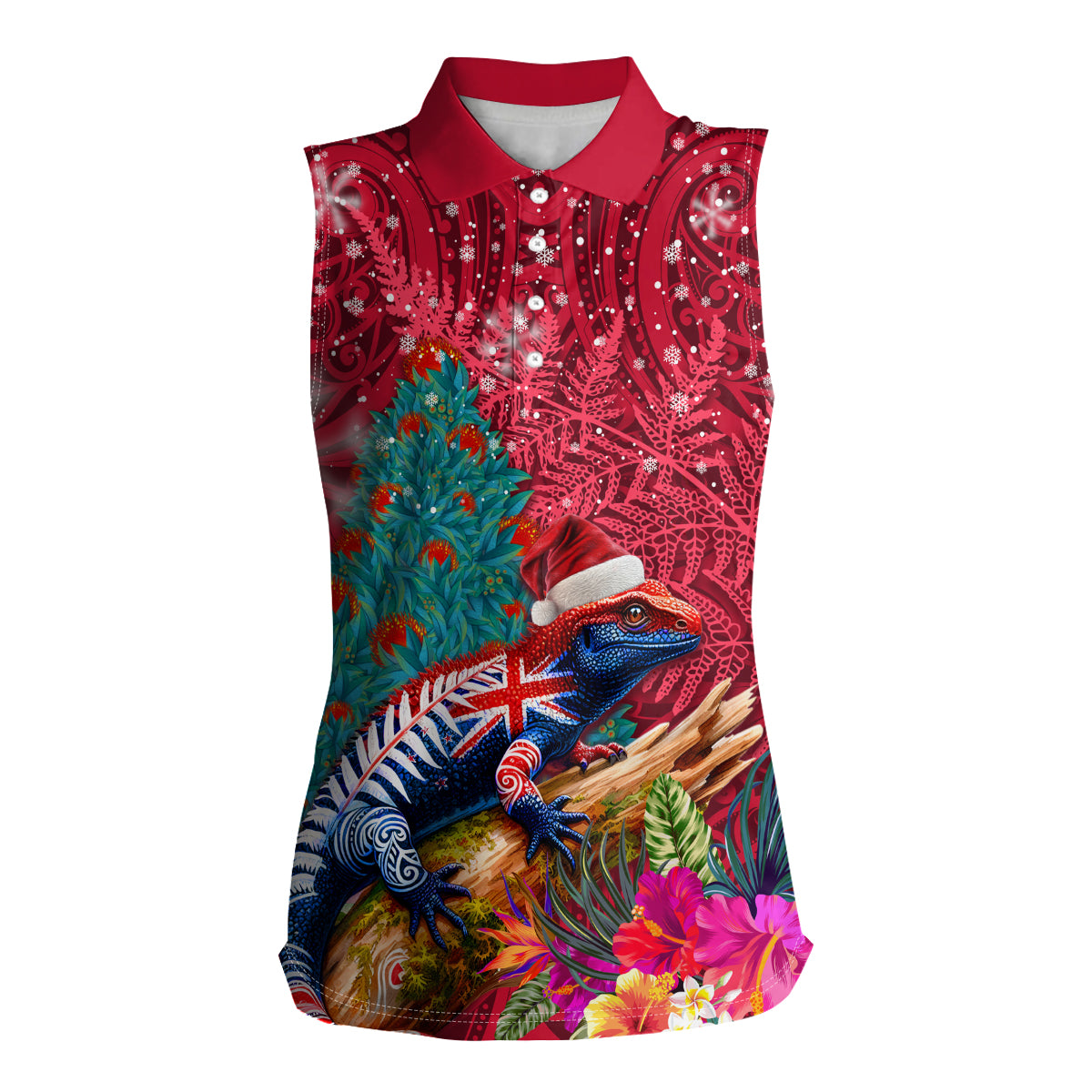 New Zealand Tuatara Christmas Women Sleeveless Polo Shirt Silver Fern and Xmas Pohutukawa Tree Red Color