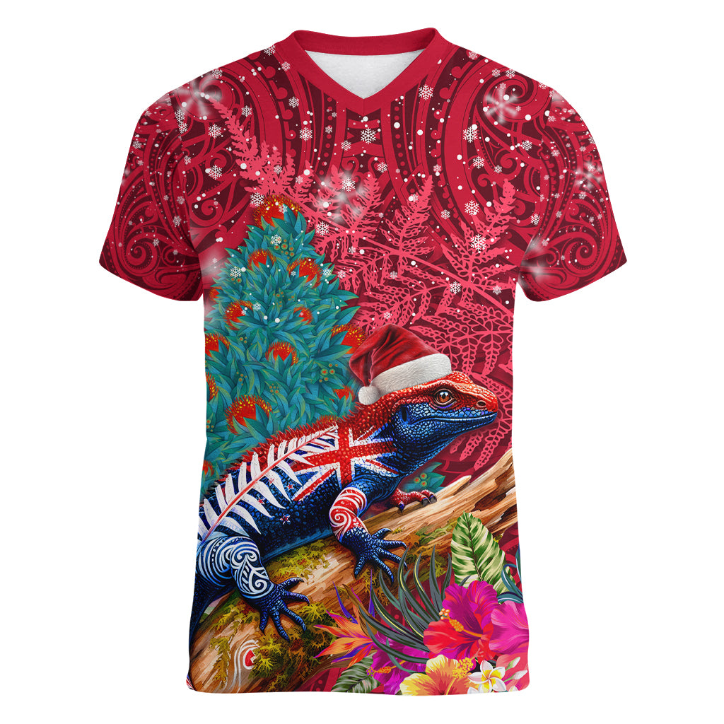 New Zealand Tuatara Christmas Women V-Neck T-Shirt Silver Fern and Xmas Pohutukawa Tree Red Color