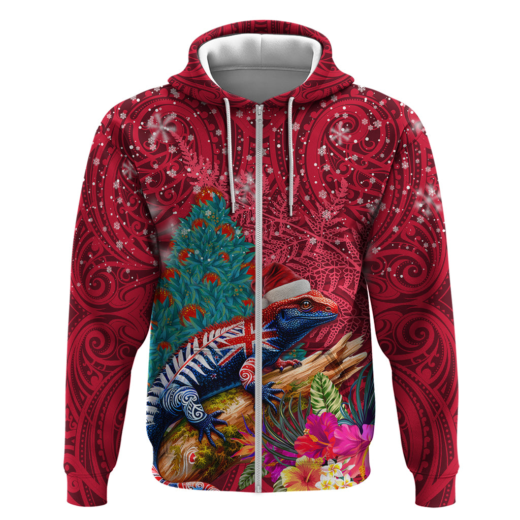 New Zealand Tuatara Christmas Zip Hoodie Silver Fern and Xmas Pohutukawa Tree Red Color