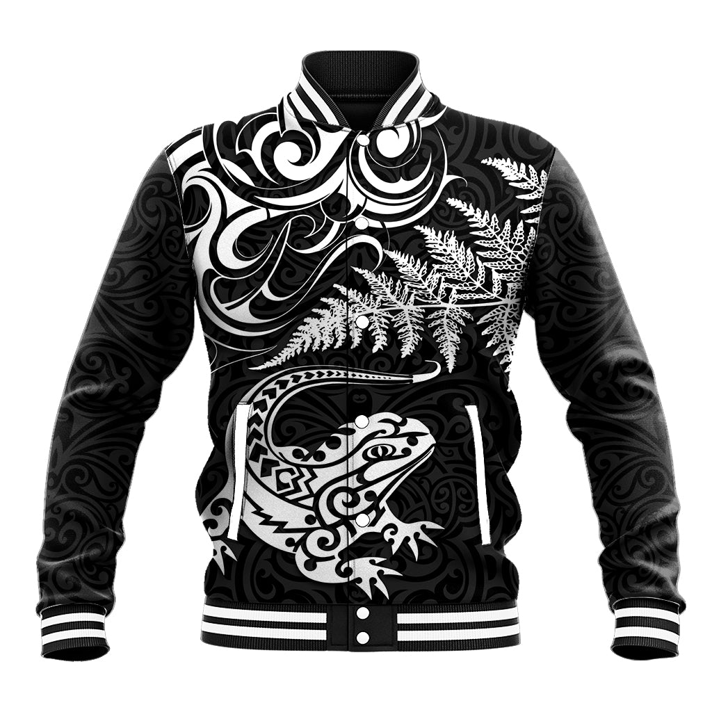 New Zealand Tuatara Tribal Tattoo Baseball Jacket Silver Fern and Maori Pattern Black Color