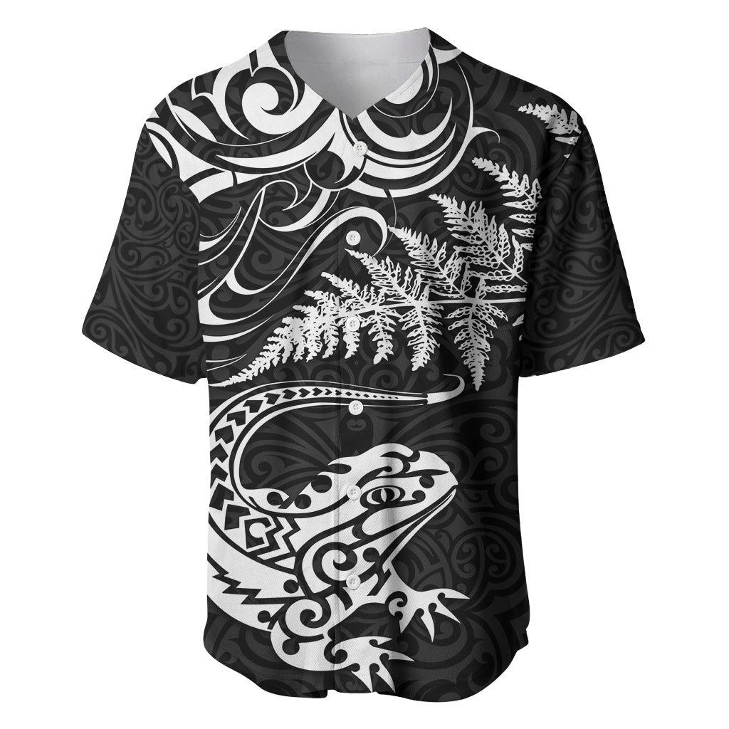 New Zealand Tuatara Tribal Tattoo Baseball Jersey Silver Fern and Maori Pattern Black Color LT03 Black - Polynesian Pride