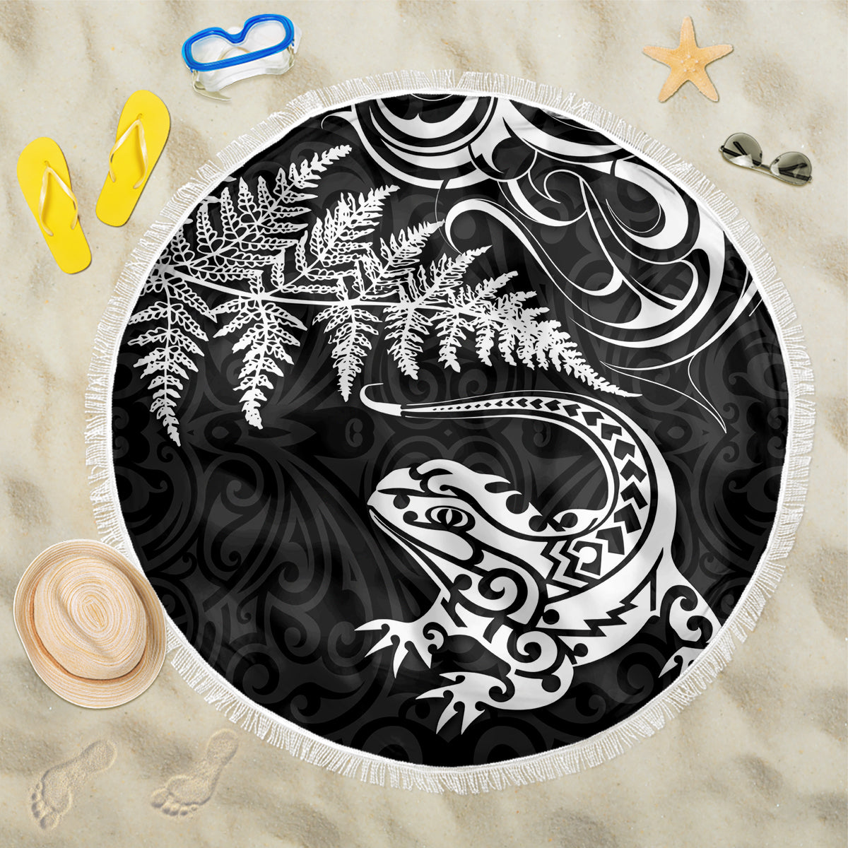 New Zealand Tuatara Tribal Tattoo Beach Blanket Silver Fern and Maori Pattern Black Color LT03 One Size 150cm Black - Polynesian Pride