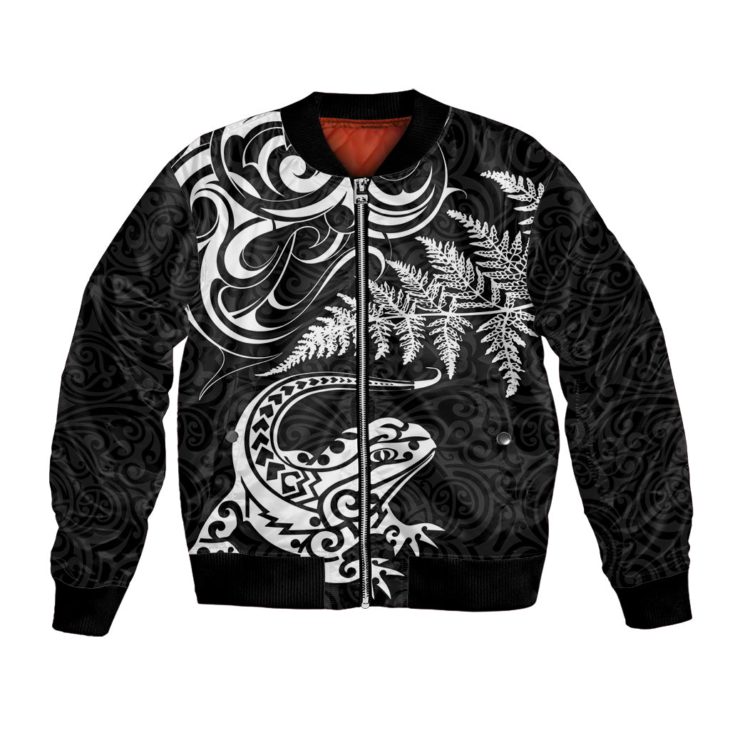 New Zealand Tuatara Tribal Tattoo Bomber Jacket Silver Fern and Maori Pattern Black Color