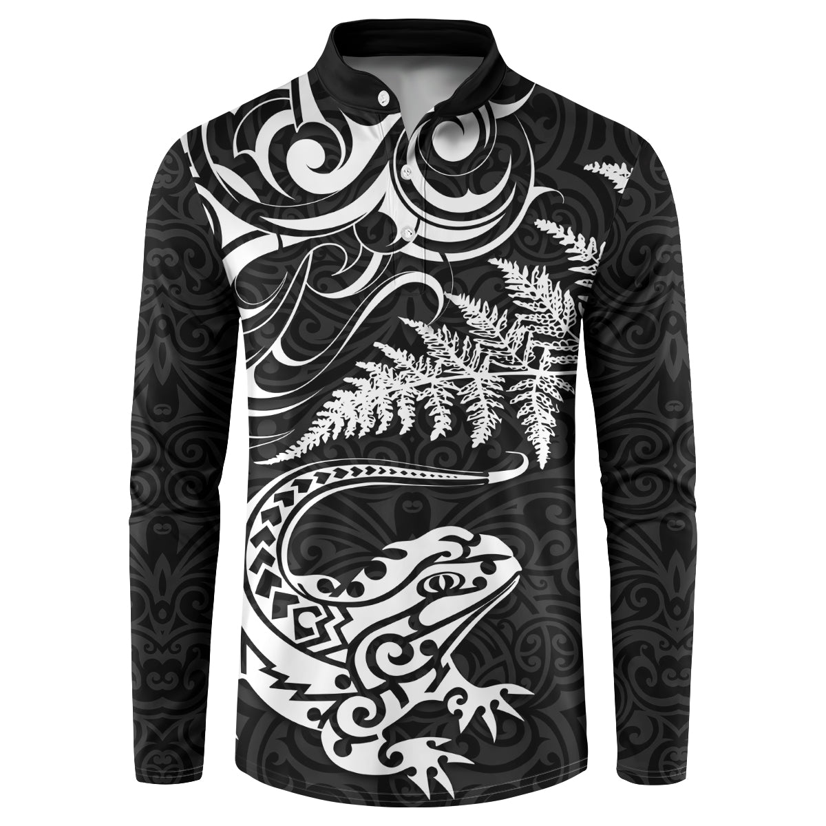 New Zealand Tuatara Tribal Tattoo Button Sweatshirt Silver Fern and Maori Pattern Black Color