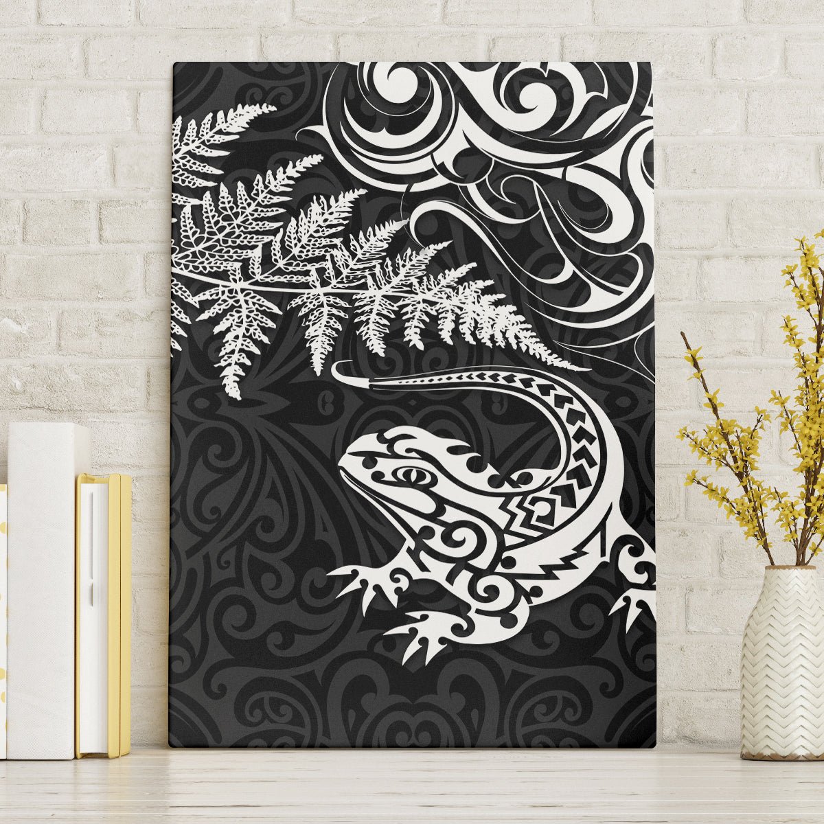 New Zealand Tuatara Tribal Tattoo Canvas Wall Art Silver Fern and Maori Pattern Black Color