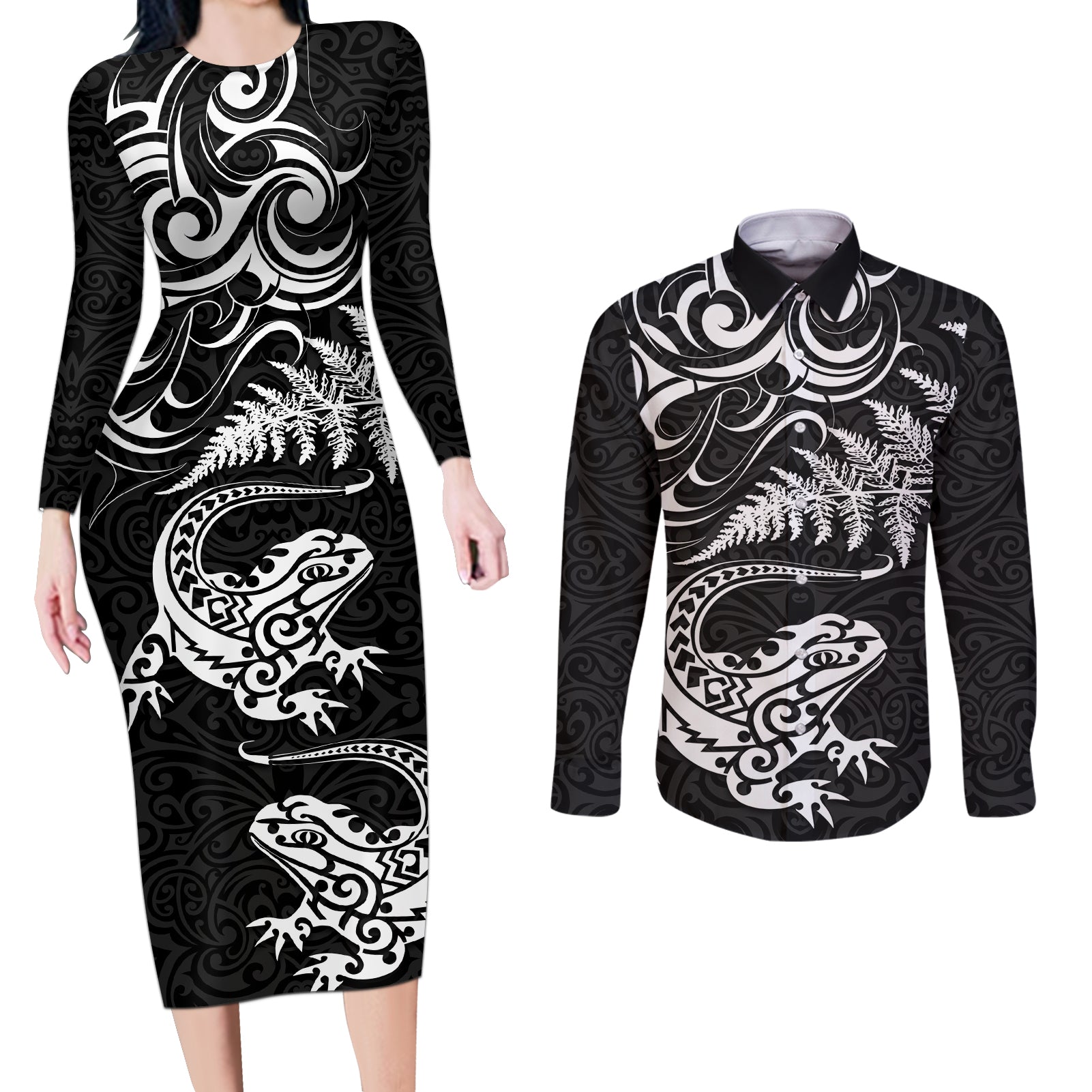 New Zealand Tuatara Tribal Tattoo Couples Matching Long Sleeve Bodycon Dress and Long Sleeve Button Shirt Silver Fern and Maori Pattern Black Color