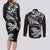 New Zealand Tuatara Tribal Tattoo Couples Matching Long Sleeve Bodycon Dress and Long Sleeve Button Shirt Silver Fern and Maori Pattern Black Color