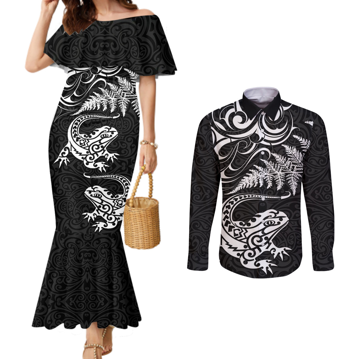 New Zealand Tuatara Tribal Tattoo Couples Matching Mermaid Dress and Long Sleeve Button Shirt Silver Fern and Maori Pattern Black Color