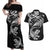 New Zealand Tuatara Tribal Tattoo Couples Matching Off Shoulder Maxi Dress and Hawaiian Shirt Silver Fern and Maori Pattern Black Color