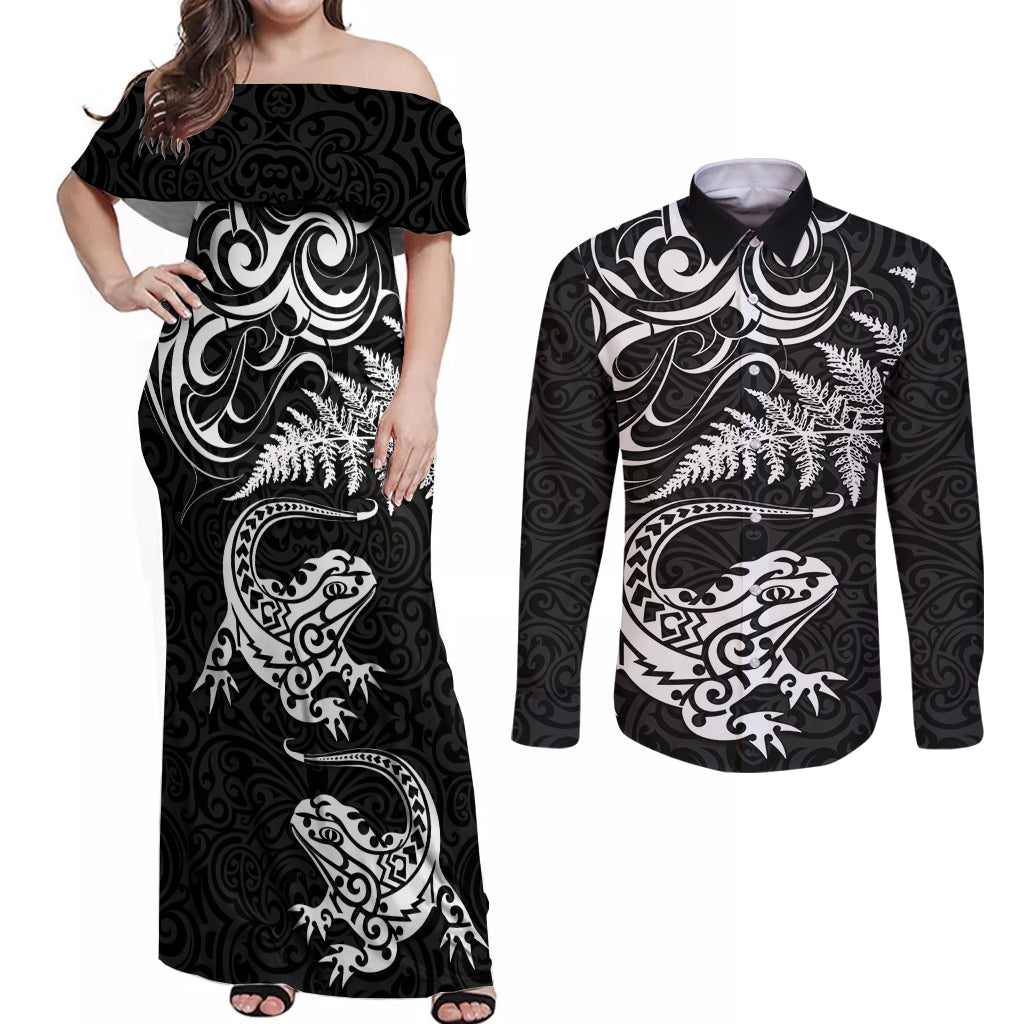 New Zealand Tuatara Tribal Tattoo Couples Matching Off Shoulder Maxi Dress and Long Sleeve Button Shirt Silver Fern and Maori Pattern Black Color