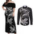 New Zealand Tuatara Tribal Tattoo Couples Matching Off Shoulder Maxi Dress and Long Sleeve Button Shirt Silver Fern and Maori Pattern Black Color