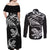 New Zealand Tuatara Tribal Tattoo Couples Matching Off Shoulder Maxi Dress and Long Sleeve Button Shirt Silver Fern and Maori Pattern Black Color