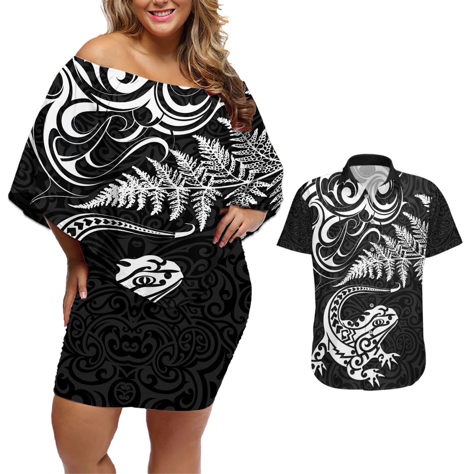 New Zealand Tuatara Tribal Tattoo Couples Matching Off Shoulder Short Dress and Hawaiian Shirt Silver Fern and Maori Pattern Black Color