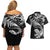 New Zealand Tuatara Tribal Tattoo Couples Matching Off Shoulder Short Dress and Hawaiian Shirt Silver Fern and Maori Pattern Black Color