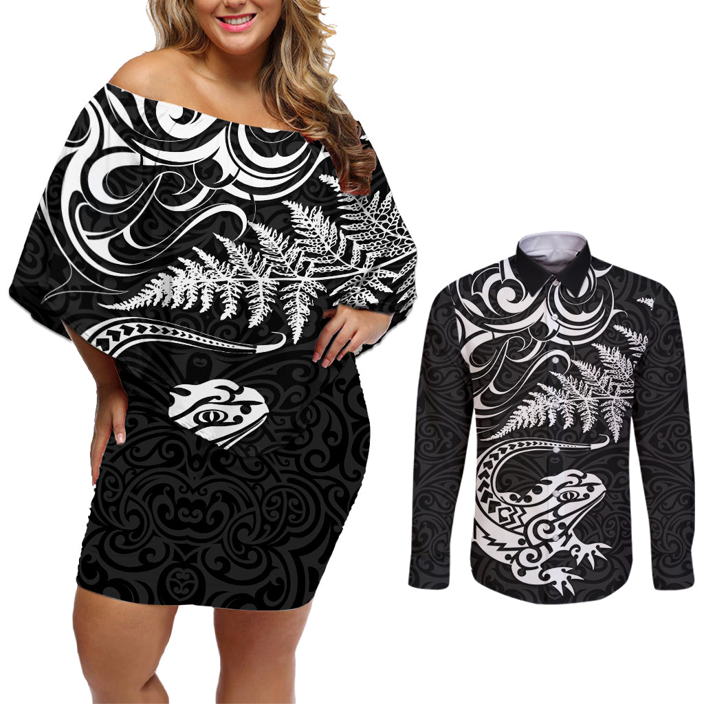 New Zealand Tuatara Tribal Tattoo Couples Matching Off Shoulder Short Dress and Long Sleeve Button Shirt Silver Fern and Maori Pattern Black Color