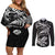 New Zealand Tuatara Tribal Tattoo Couples Matching Off Shoulder Short Dress and Long Sleeve Button Shirt Silver Fern and Maori Pattern Black Color