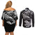 New Zealand Tuatara Tribal Tattoo Couples Matching Off Shoulder Short Dress and Long Sleeve Button Shirt Silver Fern and Maori Pattern Black Color