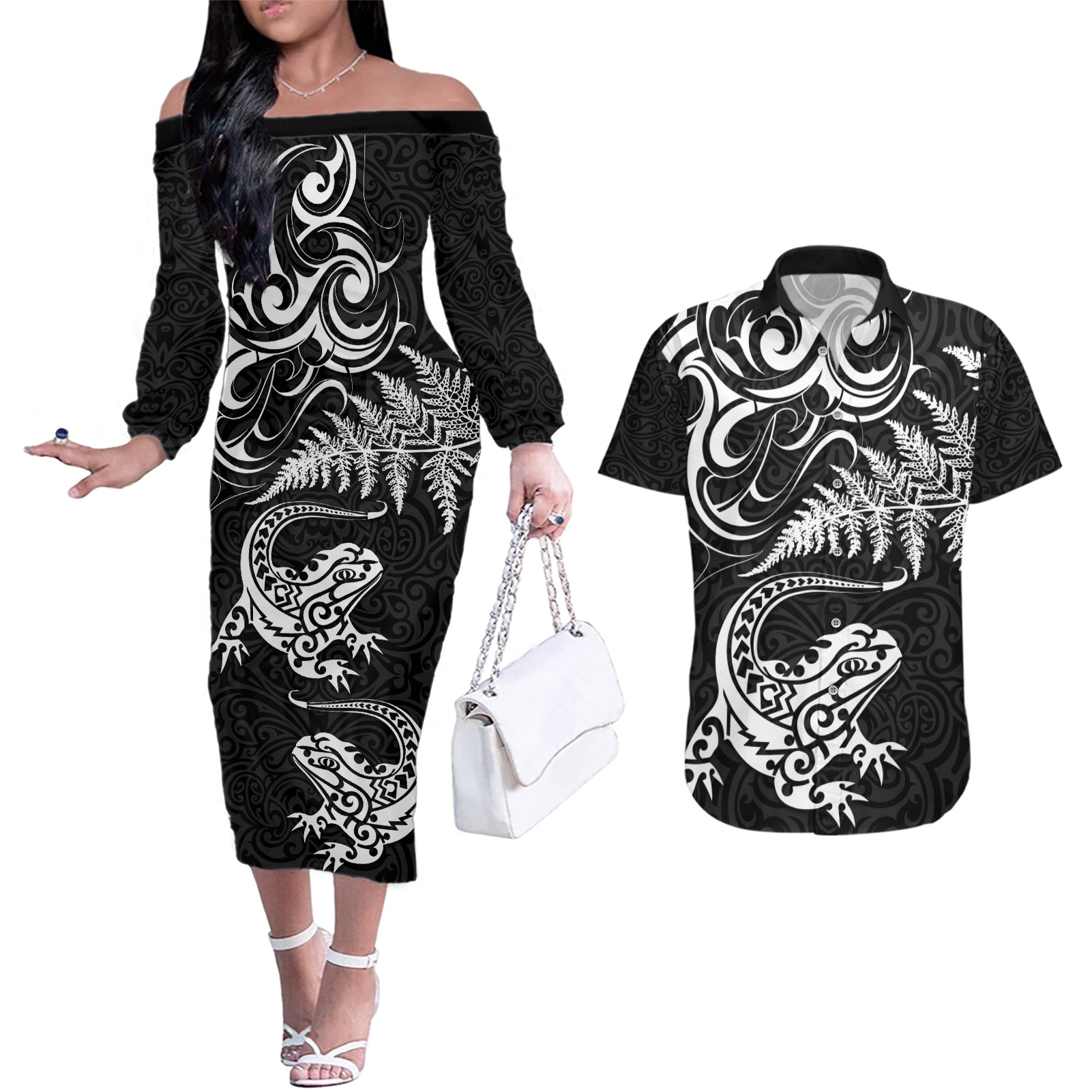 New Zealand Tuatara Tribal Tattoo Couples Matching Off The Shoulder Long Sleeve Dress and Hawaiian Shirt Silver Fern and Maori Pattern Black Color