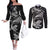 New Zealand Tuatara Tribal Tattoo Couples Matching Off The Shoulder Long Sleeve Dress and Long Sleeve Button Shirt Silver Fern and Maori Pattern Black Color