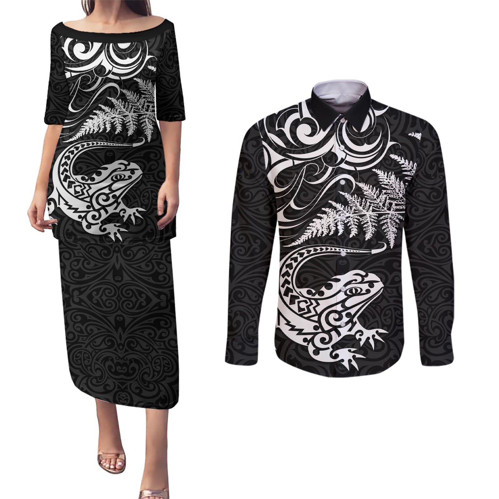 New Zealand Tuatara Tribal Tattoo Couples Matching Puletasi and Long Sleeve Button Shirt Silver Fern and Maori Pattern Black Color