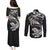 New Zealand Tuatara Tribal Tattoo Couples Matching Puletasi and Long Sleeve Button Shirt Silver Fern and Maori Pattern Black Color