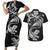 New Zealand Tuatara Tribal Tattoo Couples Matching Short Sleeve Bodycon Dress and Hawaiian Shirt Silver Fern and Maori Pattern Black Color