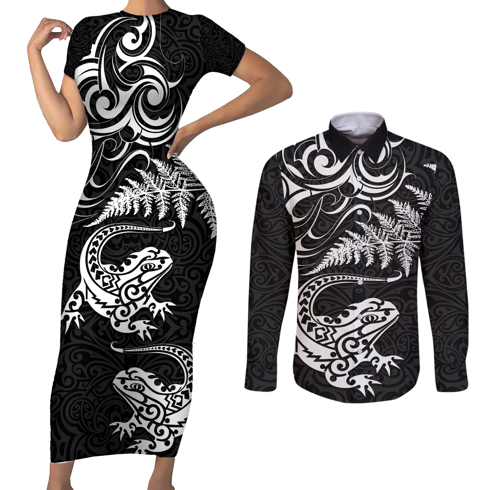 New Zealand Tuatara Tribal Tattoo Couples Matching Short Sleeve Bodycon Dress and Long Sleeve Button Shirt Silver Fern and Maori Pattern Black Color